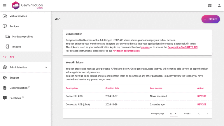 API section in Genymotion SaaS user interface