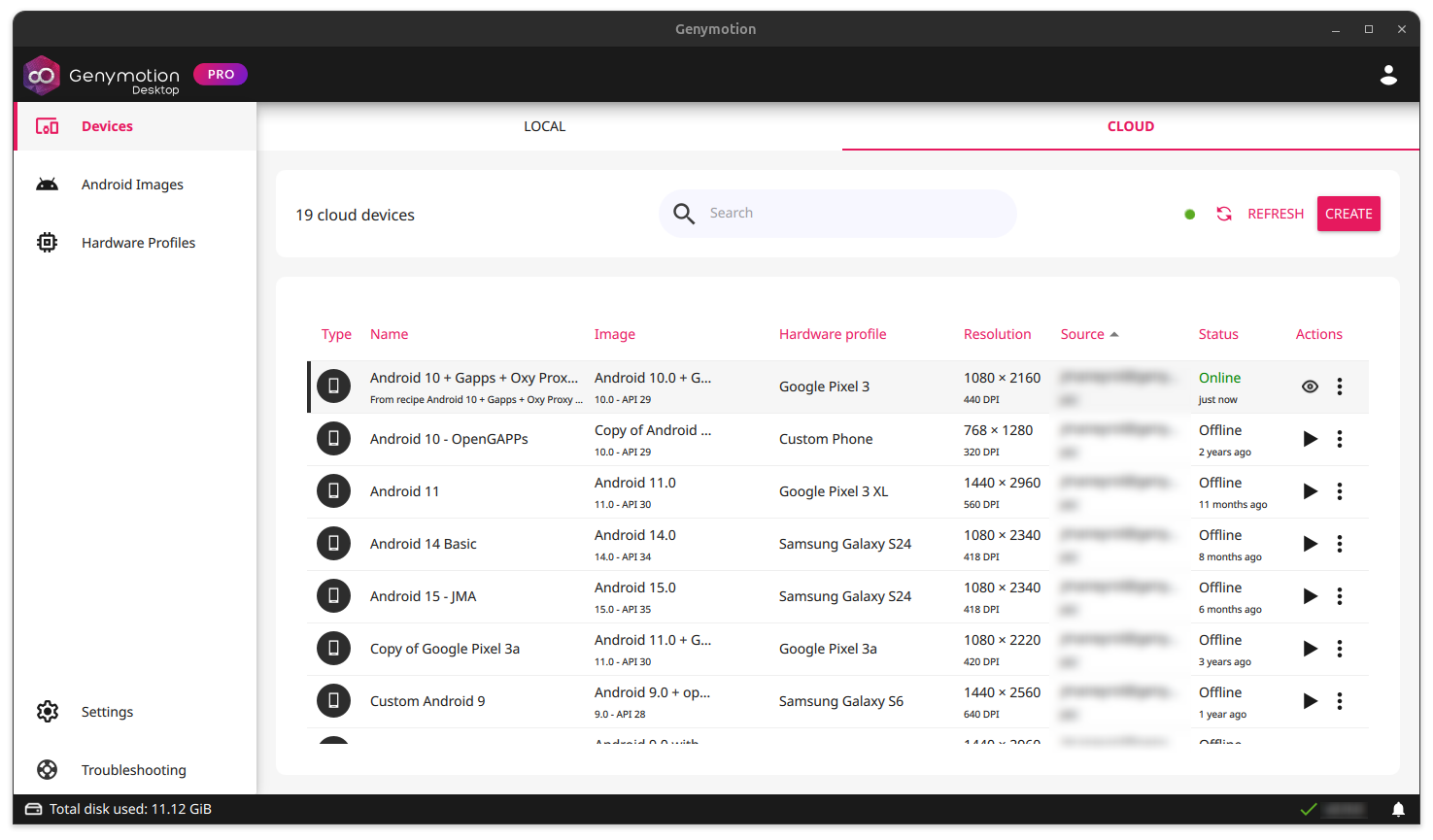 Genymotion Cloud devices dashboard with running instance