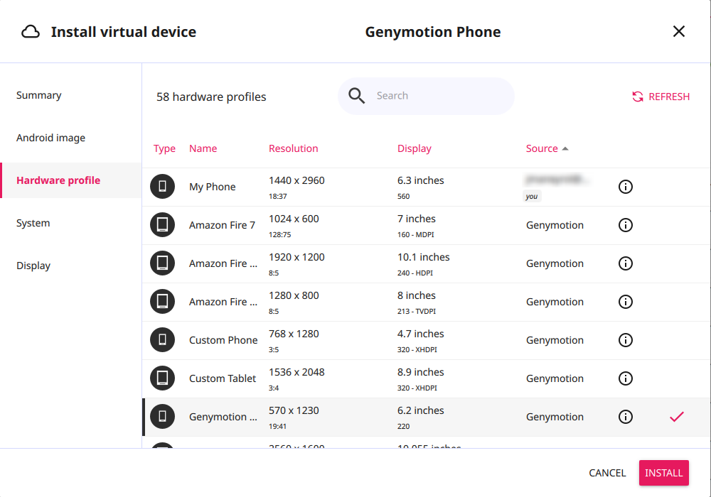 Cloud device creation wizard - Hardware profile tab