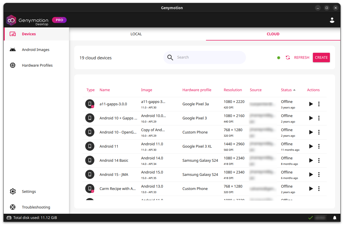 Genymotion cloud devices dashboard