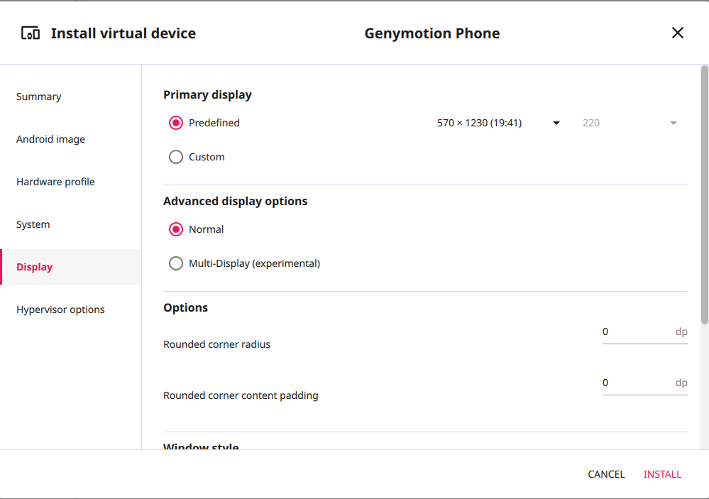 Display settings tab