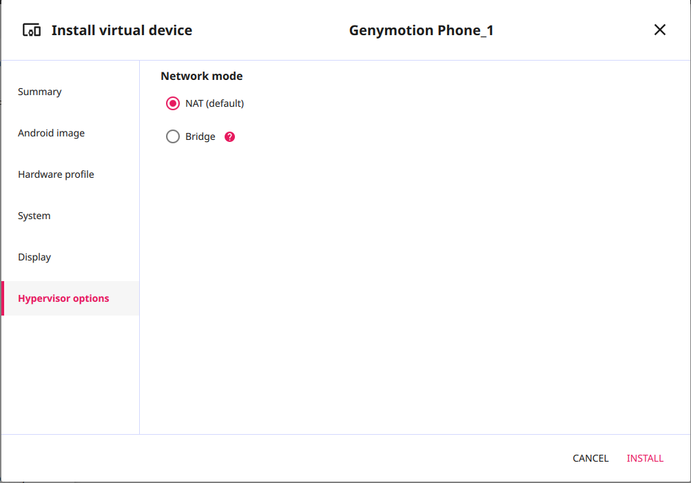 Hypervisor options tab