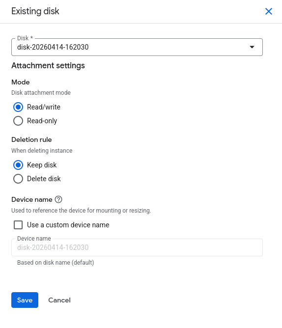 Attach existing disk