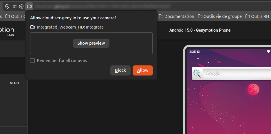 Screenshot showing the host machine camera access request from the browser.