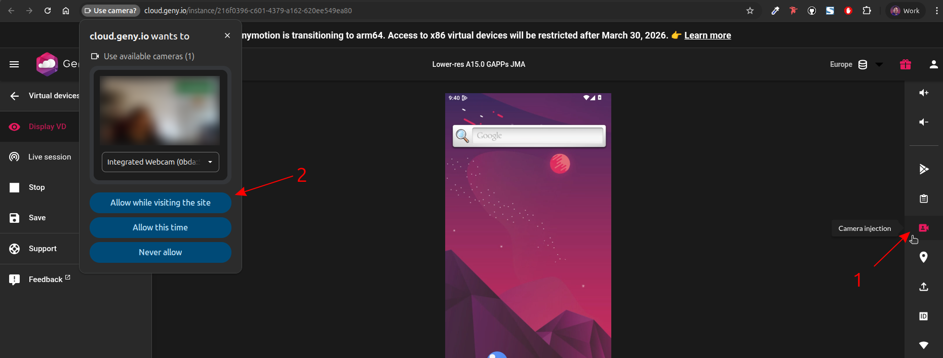 Toggle Camera in Genymotion SaaS