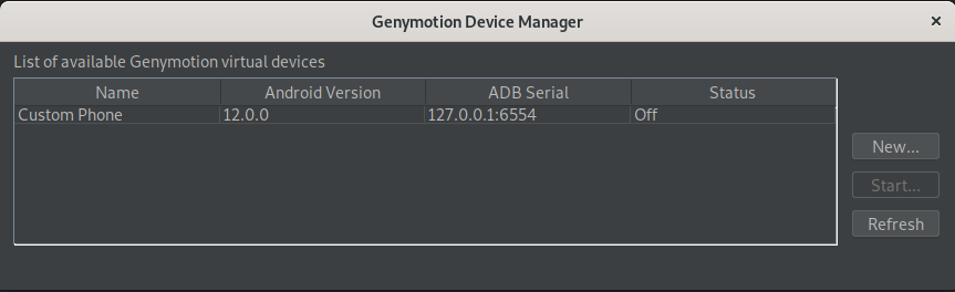 Genymotion Device Manager window