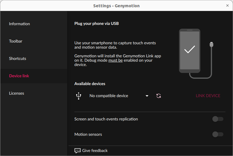 Device link tab window without any linked devices