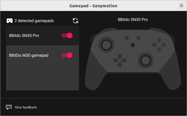 Gamepad widget window with connected gamepad