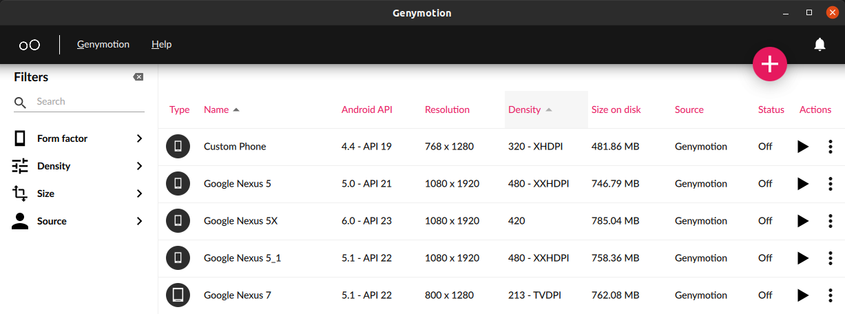 Genymotion main window