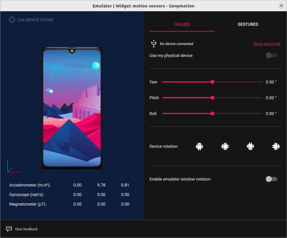 Motion sensor widget window values tab