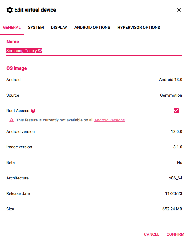 Virtual device settings