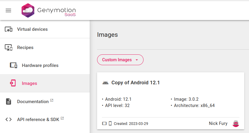 Custom Images page